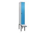 C+P Spind Classic PLUS, Bank, 1 Abteil, 2120x300x815mm, 7035/5012 Verschluss Sicherheits-Drehriegel 3 Garderobenhaken Dekor Banklatten RAL 7035 Licht (0800407-10|S10034)