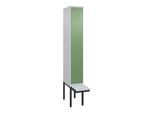 C+P Spind Classic PLUS, Bank, 1 Abteil, 2120x300x815mm, 7035/6011 Verschluss Zylinderschloss 4 Garderobenhaken Trennwand mittig Dekor Banklatten RAL 7 (0800407-10F|S10021)