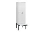C+P Spind Classic PLUS, Bank, 2 Abteile, 2120x600x815mm, 9016/9016 Verschluss Sicherheits-Drehriegel 3 Garderobenhaken Dekor Banklatten RAL 9010 Rein (0800407-20|S10046)