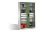 C+P Werkzeugschrank, Sichtfenster-Drehtüren, 4 Böden, 3 Schübe, H1950xB1200xT500mm Front Resedagrün Korpus Lichtgrau ; C + P Möbelsysteme (8931-553|S10092)