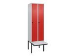 C+P Spind Classic PLUS, Bank, 2 Abteile, 2120x600x815mm, 7035/3020 Verschluss Sicherheits-Drehriegel 3 Garderobenhaken Dekor Banklatten RAL 7035 Lich (0800407-20|S10034)