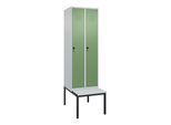 C+P Spind Classic PLUS, Bank, 2 Abteile, 2120x600x815mm, 7035/6011 Verschluss Sicherheits-Drehriegel 3 Garderobenhaken Dekor Banklatten RAL 7035 Lich (0800507-20|S10036)