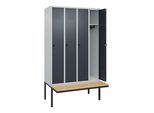 C+P Spind Classic PLUS, Bank, 4 Abteile, 2120x1200x815mm, 7035/7016 Verschluss Sicherheits-Drehriegel 3 Garderobenhaken Sitzbanktyp auskragend ; C + (0800407-40|S10008)