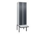 C+P Spind Classic PLUS, Bank, 2 Abteile, 2120x600x815mm, 7035/7016 Verschluss Zylinderschloss 4 Garderobenhaken Trennwand mittig Dekor Banklatten RAL (0800407-20F|S10023)