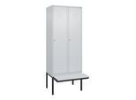 C+P Spind Classic PLUS, Bank, 2 Abteile, 2120x800x815mm, 7035/7035 Verschluss Zylinderschloss 4 Garderobenhaken Trennwand mittig Dekor Banklatten RAL (0800407-22F|S10024)