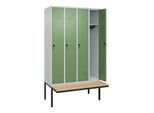 C+P Spind Classic PLUS, Bank, 4 Abteile, 2120x1200x815mm, 7035/6011 Verschluss Sicherheits-Drehriegel 3 Garderobenhaken Sitzbanktyp auskragend ; C + (0800407-40|S10006)