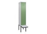C+P Spind Classic PLUS, Bank, 1 Abteil, 2120x400x815mm, 7035/6011 Verschluss Zylinderschloss 4 Garderobenhaken Trennwand mittig Dekor Banklatten RAL 7 (0800407-12F|S10021)