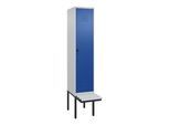 C+P Spind Classic PLUS, Bank, 1 Abteil, 2120x400x815mm, 7035/5010 Verschluss Sicherheits-Drehriegel 4 Garderobenhaken Dekor Banklatten RAL 7035 Licht (0800407-12|S10033)
