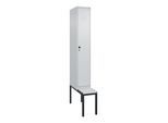 C+P Spind Classic PLUS, Bank, 1 Abteil, 2120x300x815mm, 7035/7035 Verschluss Sicherheits-Drehriegel 3 Garderobenhaken Dekor Banklatten RAL 7035 Licht (0800507-10|S10041)