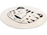 Kinderteppich "NOMAD - Whiter Tiger", weiß (wollweiß), H:35mm Ø:135cm, Polypropylen (PP), PRIMAFLOR-IDEEN IN TEXTIL, Teppiche, Kinderteppich, Hochflor, Motiv Tiger, weich & kuschelig, Kinderzimmer