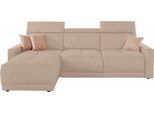 Ecksofa DOMO COLLECTION "Ava mit moderner Sitzheftung & toller Doppelnaht, komfortabel, L-Form", beige (natur), B:262cm H:84cm T:167cm, Kunstleder SOFTLUX;Struktur fein (100% Polyester);Zierkissen: Microfaser PRIMABELLE (100% Polyester);Struktur (100% Polyester);Microfaser PRIMABELLE (100% Polyester), Sofas, Ecksofa, mit Recamiere, inkl. Federkern, wahlweise mit Kopfteilverstellungen