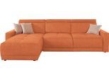 Ecksofa DOMO COLLECTION "Ava mit moderner Sitzheftung & toller Doppelnaht, komfortabel, L-Form", orange (terrakotta), B:262cm H:84cm T:167cm, Kunstleder SOFTLUX;Struktur fein (100% Polyester);Zierkissen: Microfaser PRIMABELLE (100% Polyester);Struktur (100% Polyester);Microfaser PRIMABELLE (100% Polyester), Sofas, Ecksofa, mit Recamiere, inkl. Federkern, wahlweise mit Kopfteilverstellungen