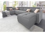 Wohnlandschaft DOMO COLLECTION "Ava moderne Sitzheftung mit toller Doppelnaht, komfortabel, U-Form", grau, B:351cm H:84cm T:222cm, Zierkissen: Microfaser PRIMABELLE (100% Polyester);Struktur (100% Polyester);Microfaser PRIMABELLE (100% Polyester);Kunstleder SOFTLUX;Struktur fein (100% Polyester), Sofas, Wohnlandschaft, mit Federkern, wahlweise mit Kopfteilverstellungen