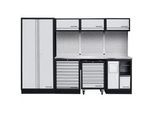 Kraftwerk 4-Element-Schrankwand mit Vierkantlochwand Länge 2955 mm Inox-Arbeitsplatte
