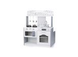 Chipolino Kinderküche 2 in 1 Tisch, Hocker, Küchenutensilien, Töpfe, Mikrowelle weiß