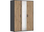 Drehtürenschrank RAUCH "Kleiderschrank Schrank Garderobe Wäscheschrank VOYAGER", grau (graumetallic, eiche artisan), B:140cm H:194cm T:53cm, Holzwerkstoff, Schränke, Drehtürenschrank, mit modernen Griffen in Graumetallic und Spiegel
