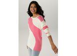 Strickpullover ANISTON SELECTED, Damen, Gr. 38, bunt (sanftes weiß, pink), Grobstrick, Obermaterial: 50% Viskose, 26% Polyamid, 24% Polyester, gemustert, lässig geschnitten hüftbedeckend, U-Boot-Ausschnitt, Rippstrickbündchen, Pullover Strickpullover, aus weichem Grobstrick