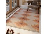 Wollteppich GREEN LOOOP "Belle", beige (beige, hell), B:140cm H:5mm L:200cm, Wolle, Teppiche, Fransen, Kelim, handgewebt, Natur, Wohnzimmer, Schlafzimmer, Raute