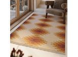Wollteppich GREEN LOOOP "Belle", beige, mittel, B:140cm H:5mm L:200cm, Wolle, Teppiche, Fransen, Kelim, handgewebt, Natur, Wohnzimmer, Schlafzimmer, Raute