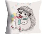 Dekokissen QUEENCE "»Nom Nom«", bunt (bunt, bedruckt), B:40cm L:40cm, Polyester, Dekokissen_Sitzkissen_Kissenhüllen, mit kleinem Igel, Kissenhülle ohne Füllung, 1 Stück