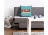 Dekokissen QUEENCE "Celine", blau (blau, bedruckt), B:40cm L:40cm, Polyester, Dekokissen_Sitzkissen_Kissenhüllen, mit Schriftzug Beach, Kissenhülle ohne Füllung, 1 Stück