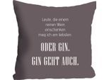 Dekokissen QUEENCE "Wein & Gin", grau (braungrau, grau, weiß, schriftzug), B:40cm L:40cm, Polyester, Dekokissen_Sitzkissen_Kissenhüllen, mit Schriftzug, Kissenhülle ohne Füllung, 1 Stück