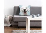 Dekokissen QUEENCE "Crazy Dog", blau (weiß, babyblau, bedruckt), B:40cm L:40cm, Polyester, Dekokissen_Sitzkissen_Kissenhüllen, mit einem zwinkernden Hund