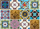 Fliesenaufkleber QUEENCE "Muster IV", bunt (gelb, rot, blau, braun, gold), B:15cm H:15cm T:0,1cm, Fliesenaufkleber, Stickerfliesen, selbstklebend, Sticker, 12er Set