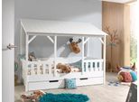 Kinderbett VIPACK "Hausbett, aus MDF und Massivholz, Dach schwarz oder weiß", weiß, B:105cm H:174cm L:214cm, Betten, Kinderbett, wahlweise mit oder ohne Bettschublade auf Rollen