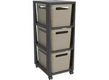 Aufbewahrungsturm BRISEN, mit Rollen, 3 x 16 Liter, bis 30 kg, beidseitig entnehmbare Schubladen, Recyclingkunststoff, BPA-frei, L 300 x B 366 x H 770 mm, cappuccino