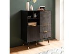 Kommode 77 cm in MDF Eiche Schwarz Dekor mit 2 Schubladen / 2 Türen und Ablage Design Sideboard Schrank