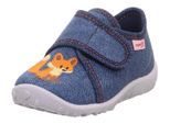 Hausschuh SUPERFIT "SPOTTY, WMS: mittel", Mädchen, Gr. 24, blau (jeansblau fuchs), Baumwolle, Schuhe Hausschuh, Kindergartenschuh mit Klettverschluss, Größenschablone zum Download
