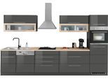 Küchenzeile KOCHSTATION "KS-Wien", grau (küche: grau, front: grau hochglanz, korpus: grafit, arbeitsplatte: eichefarben), B:350cm T:60cm, Komplettküchen-Sets, Küchenzeile, Breite 350 cm, wahlweise mit E-Geräten und Induktion