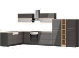Winkelküche KOCHSTATION "KS-Wien", grau (küche: grau, front: hochglanz grau, korpus: grafit, arbeitsplatte: eiche sonoma), B:220cm H:200cm T:420cm, Komplettküchen-Sets, Stellbreite 220 x 420 cm, wahlweise mit E-Geräten