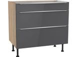 Unterschrank KOCHSTATION "KS-Aken", grau (anthrazit hochglanz, wildeiche nachbildung), B:90cm H:87cm T:58,4cm, Schränke, Unterschrank