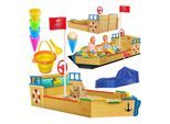 KIDIZ® Sandkasten Ahoi - Piratenschiff Boot Segelschiff aus Holz Inkl. Abdeckung, Bodenplane, Sitzbank, Flaggenmast, Sandspielzeug Große Kinder Sandkiste für den Garten Outdoor Sandbox