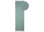Teppich CARPETFINE "Kelim Chindi uni, auch als Läufer", blau (türkis), B:80cm H:5mm L:300cm, Baumwolle, Teppiche, Teppich, Wendeteppich, reine Baumwolle, handgewebt, Uni-Farben, mit Fransen