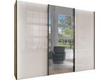 Schwebetürenschrank WIEMANN "Monaco, Kleiderschrank, Schrank, Wäscheschrank, mit Schiebetüren", weiß (bianco, eiche, nachbildung, glas champagner, kristallspiegel), B:295,2cm H:236cm T:67cm, Holzwerkstoff, Floatglas, Schränke, hochwertige Glas- und Spiegelfront, variable Inneneinteilung