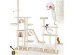 tectake® Kratzbaum, 234 bis 261 cm, mit Katzenhaus, inklusive 2 Treppen, 2 Spielkordeln, Kratzbogen, Deckenspanner und Kippschutz