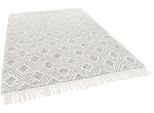 Wollteppich THEKO "Visby - 702", weiß (wollweiß), B:70cm H:10mm L:140cm, Schurwolle, Teppiche, Fransenteppich, Handweb Teppich, reine Wolle, handgewebt, Rauten Design, mit Fransen