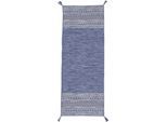 Teppich CARPETFINE "Kelim Azizi, auch als Läufer erhältlich", blau, B:80cm H:5mm L:300cm, Baumwolle, Teppiche, Teppich, handgewebt, Baumwolle, Wendeteppich mit Fransen, Fleckerl, Wohnzimmer