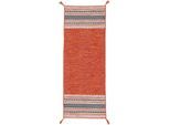 Teppich CARPETFINE "Kelim Azizi, auch als Läufer erhältlich", orange, B:80cm H:5mm L:500cm, Baumwolle, Teppiche, Teppich, handgewebt, Baumwolle, Wendeteppich mit Fransen, Fleckerl, Wohnzimmer