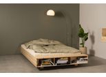 Stauraumbett KARUP DESIGN "Merge Bed Bettgestell m. integrierter Bank m. Stauraum, mehrere Größen", beige (natur), B:144cm H:32,5cm L:227cm, Betten, Stauraumbett, inkl. Lattenrost, excl. Matratze, FSC-zertifiziertes Massivholz