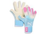 Torwarthandschuhe PUMA "FUTURE Pro RE-CHARGE Torwarthandschuhe Unisex", Damen, Gr. 10, weiß (sunset pink hero blau weiß), Obermaterial: 23% Elasthan, 77% Polyester. Handgelenkschoner: 77% Polyester, 23% Elasthan. Handfläche: 100% Latex. Handrücken: 100% Latex, Handschuhe
