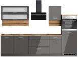 Küchenzeile KOCHSTATION "KS-Milan", grau (küche: grau, front: grau hochglanz, korpus: grafitgrau, arbeitsplatte: wotaneiche), B:300cm H:200cm T:60cm, Komplettküchen-Sets, Küchenzeile, 300 cm breit, robuste Metallauszüge, viel Stauraum