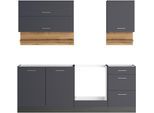 Küchenzeile KOCHSTATION "KS-Milan", grau (küche: grau, front: anthrazit, korpus: grafitgrau, arbeitsplatte: wotaneiche), B:210cm H:200cm T:60cm, Komplettküchen-Sets, Küchenzeile, 210 cm breit, robuste Metallauszüge, viel Stauraum