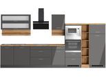 Küchenzeile KOCHSTATION "KS-Milan", küche: grau, front: grau hochglanz, korpus: grafitgrau, arbeitsplatte: wotaneiche, B:390cm H:200cm T:60cm, Komplettküchen-Sets, Küchenzeile, 390 cm breit, viel Stauraum, wahlweise mit E-Geräten