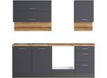 Küchenzeile KOCHSTATION "KS-Milan", grau (küche: grau, front: anthrazit, korpus: grafitgrau, arbeitsplatte: wotaneiche), B:210cm H:200cm T:60cm, Komplettküchen-Sets, Küchenzeile, 210 cm breit, robuste Metallauszüge, viel Stauraum