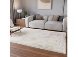 Teppich HOMIE LIVING "Parma", weiß, B:160cm H:50mm L:225cm, Polyester, Teppiche, Teppich, Hochflor, gewebt, kuschelig, uni, Wohnzimmer, Schlafzimmer, Esszimmer