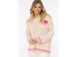 Kapuzenpullover ZWILLINGSHERZ "Herz", Damen, beige (hellbeige), Strick, Obermaterial: 60% Polyamid, 24% Polyester, 8% Wolle, 8% Viskose, unifarben mit Farbeinsatz, comfort fit hüftlang, V-Ausschnitt, Rippstrickbündchen, Pullover Kapuzenpullover, One Size, Kapuze, Langarm, Wollanteil